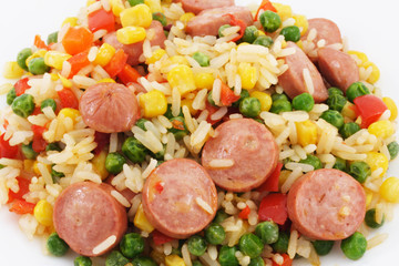 Rice with vegetables and sausages