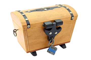 Treasure chest with an unlocked padlock; isolated on white