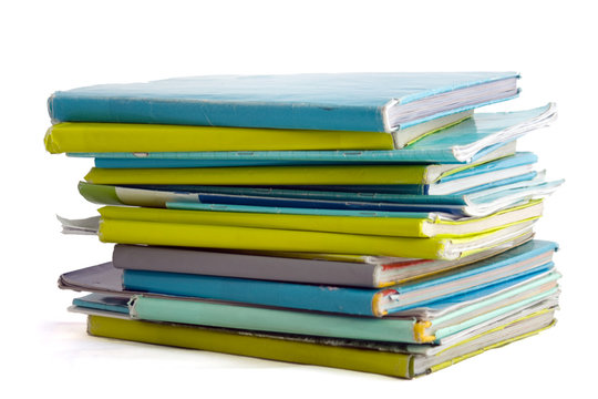 School books in blue and lime paper