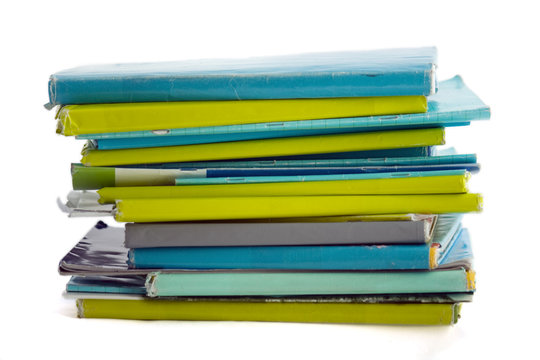 School books in blue and lime paper