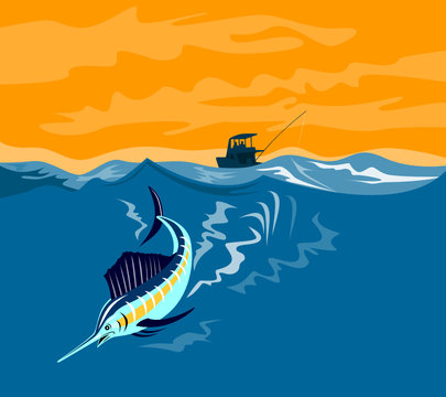Sailfish diving down with boat in bakcground