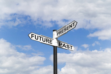 Fototapeta premium Future Past & Present signpost in the sky