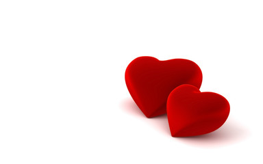 Closeup of a couple of red 3d heart shapes on red background
