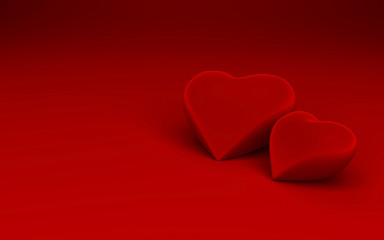 Closeup of a couple of  red 3d heart shapes on red background