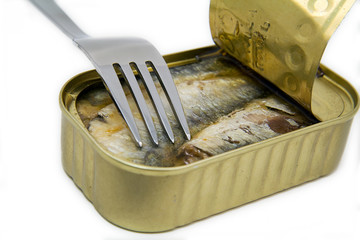 open can of sardines with fork