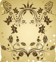 Collect flower border on grunge background with butterfly