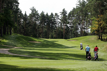 Three golfers walks on a golf course