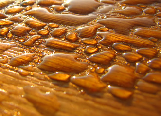 Fototapeta na wymiar morning dew drops on the wooden table glowing in the sunrise