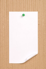Note pad on cardboard with green push pin.