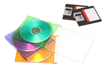 colored dvd and old floppy discs