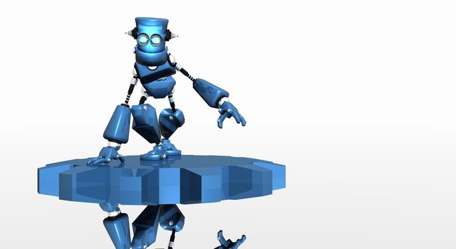 blue robot on gear