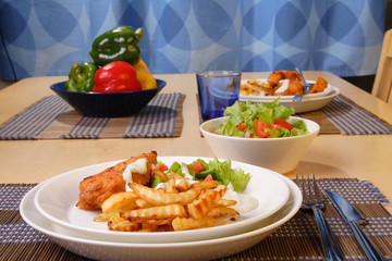 French fries and chicken