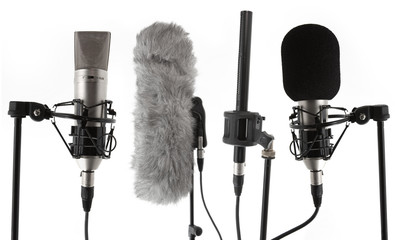 4 studio condenser microphones - obrazy, fototapety, plakaty