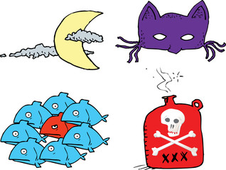 moon, mask, school of fish, poison