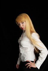 Girl portrait on black background.