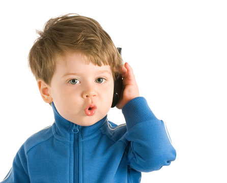 Little Boy Talking On The Phone. Isolated On White Background