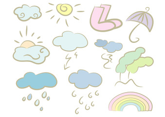 Pastellfarbene Wetter-Icons: Sonne, Regen, Wolken, ... 