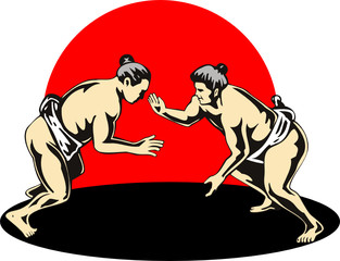 Sumo wrestlers fighting - obrazy, fototapety, plakaty