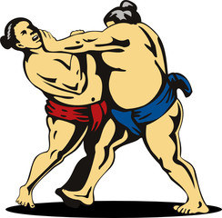 Sumo wrestlers grappling