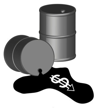 3d - black oil barrel with money running out of spill 