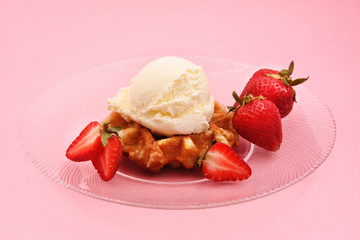 belgian waffle, strawberry and ice cream