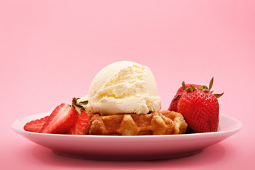 belgian waffle, strawberry and ice cream