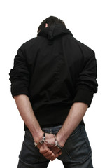 young man in handcuffs isolated on white