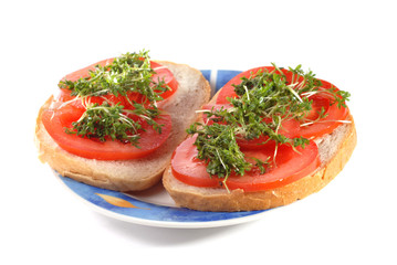 Tomato and cress sandwiches isolated on white background