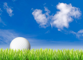 Golf ball, grass and blue sky