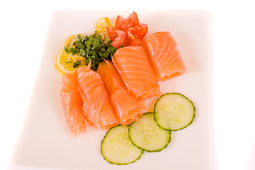 Plate of Smoked Salmon with garnish viewed from above