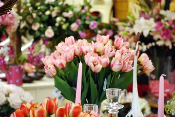 display of flowers and decorative items for sale
