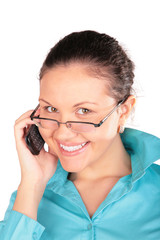 young girl in glasses talks by phone