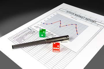 Stock market report and set of dice