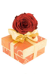 Gift box with ribbon and red rose isolated on white