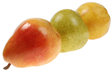 three colorful pears