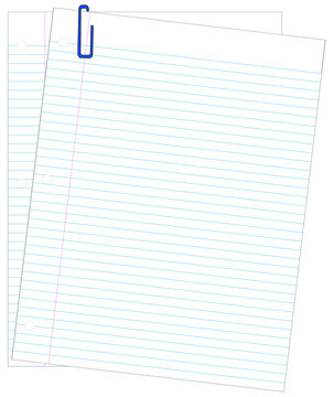 two sheets of lined paper with blue paper clip