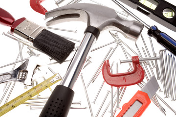 Assortment of tools over white