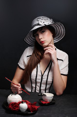  beautiful sexy girl im hats eats rose petals with chopsticks