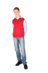 Fototapeta premium Boy in red jacket posing hands behind