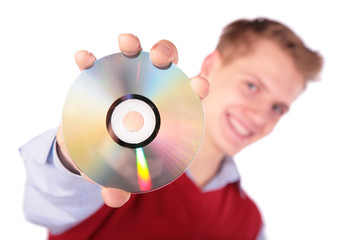 Boy in red jacket with CD