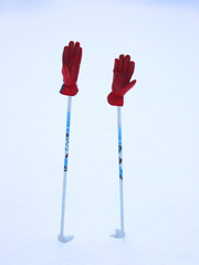 Skihandschuhe zum Himmel gestreckt
