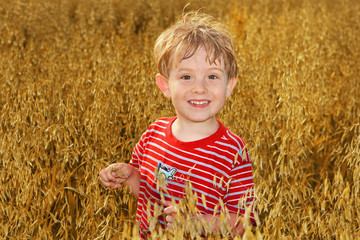 A boy standing in a field of Oats