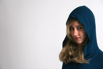 Blond in hood with eye contact