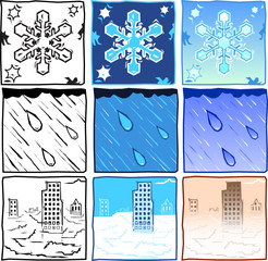 Wood-cut vector symbols for snow, rain and fog. 