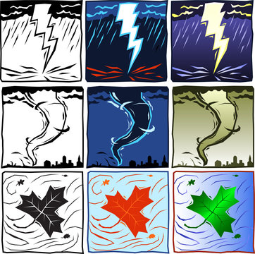 Wood-cut vector symbols for lightning, tornado and wind.