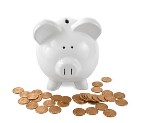 White Piggy Bank Surrounded by Pennies