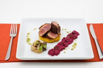 gourmet meat and vegetables with beet sauce.