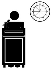 stick man or figure standing at podium with clock 