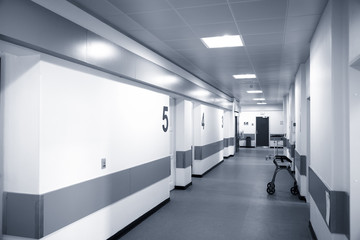 Empty Danish hospital corridor at night time.