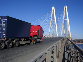 cable-braced bridge and truck